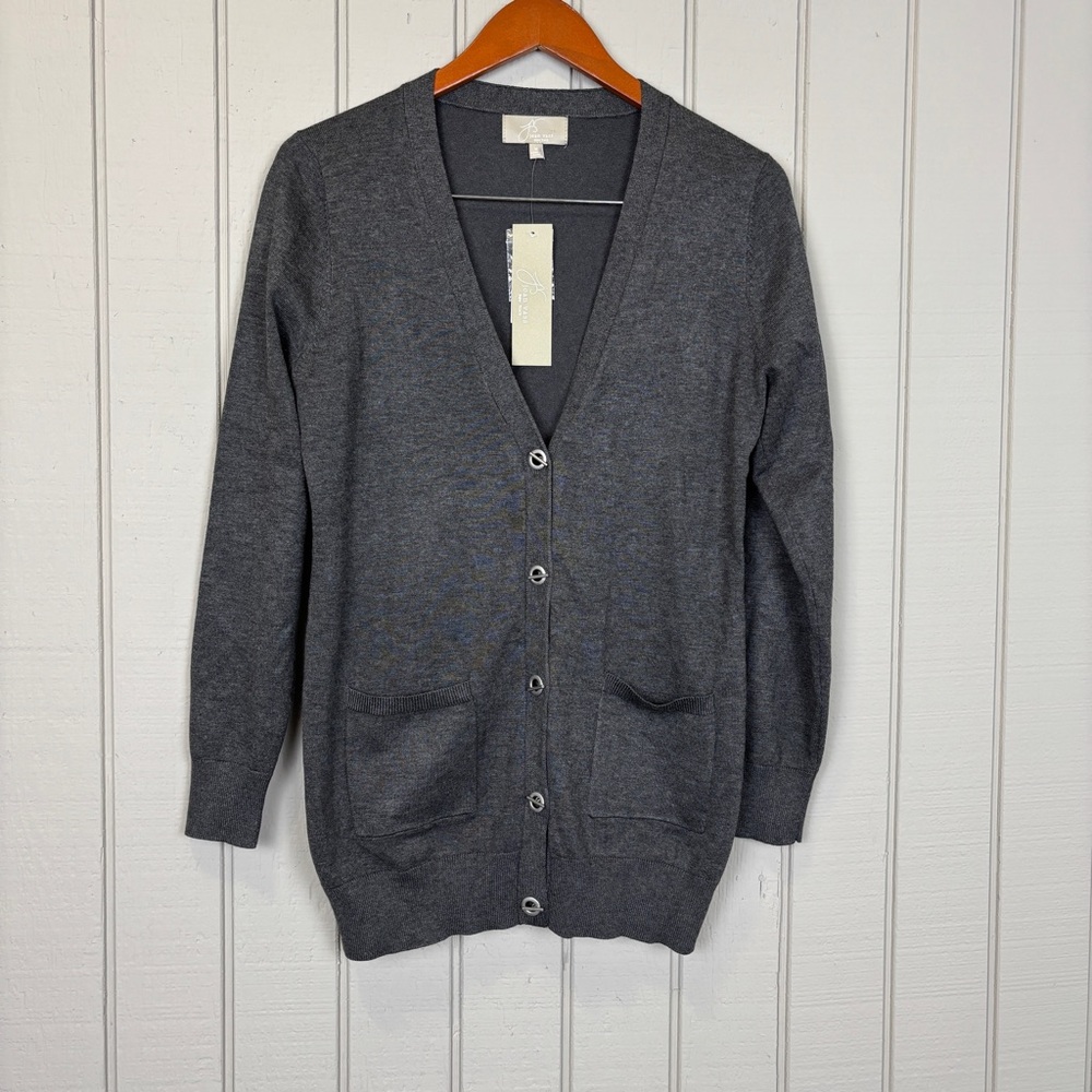 NWT Ji Joan Vass Women’s Gray Button-Up Cardigan Long-Sleeve Bags-front Sz M